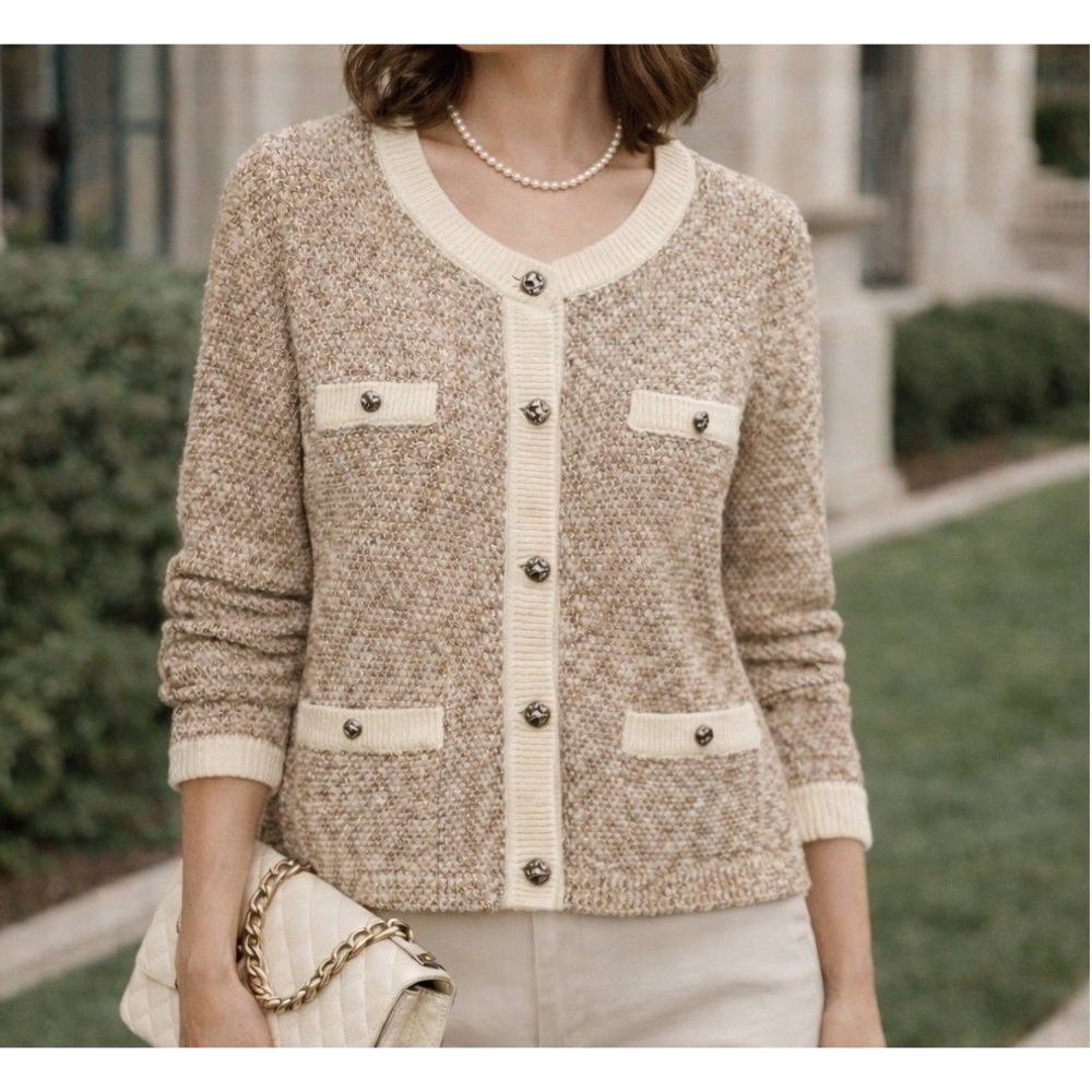 J Jill Wearever Womens Sweater L Tan Brown Marled Cardigan Classic Old Money